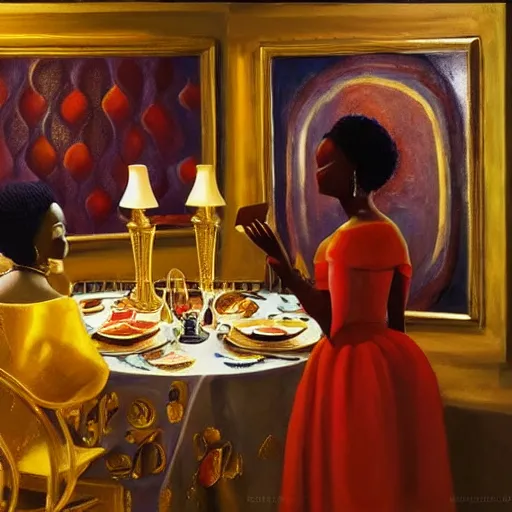 Prompt: dark skinned people eating at a regal buffet ultra detailed beautiful setting elegant event nigerian party minimalist gold ornaments iridescent 3d abstract lighting glamour in the style of edward hooper and henri matisse yinka shonibare oil painting