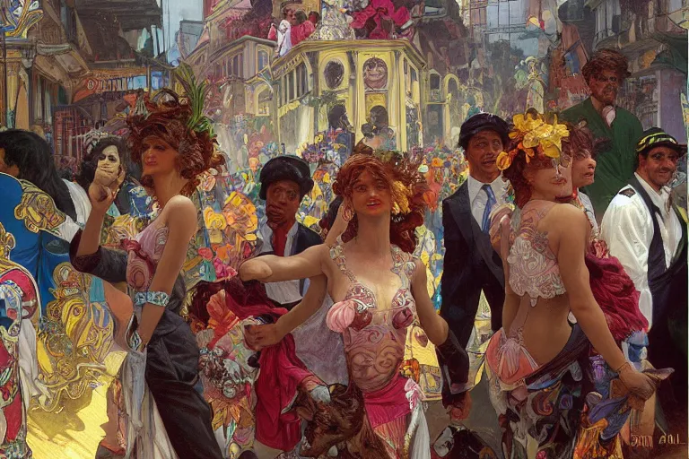 Prompt: a beautiful realistic painting of the 1 9 8 0 s carnaval in the city of salvador, brazil, intricate, elegant, highly detailed, digital painting, artstation, concept art, by krenz cushart and artem demura and alphonse mucha