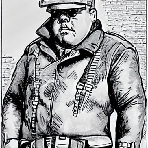 Image similar to gk chesterton as a buff mercenary in military gear. in style of moebius.