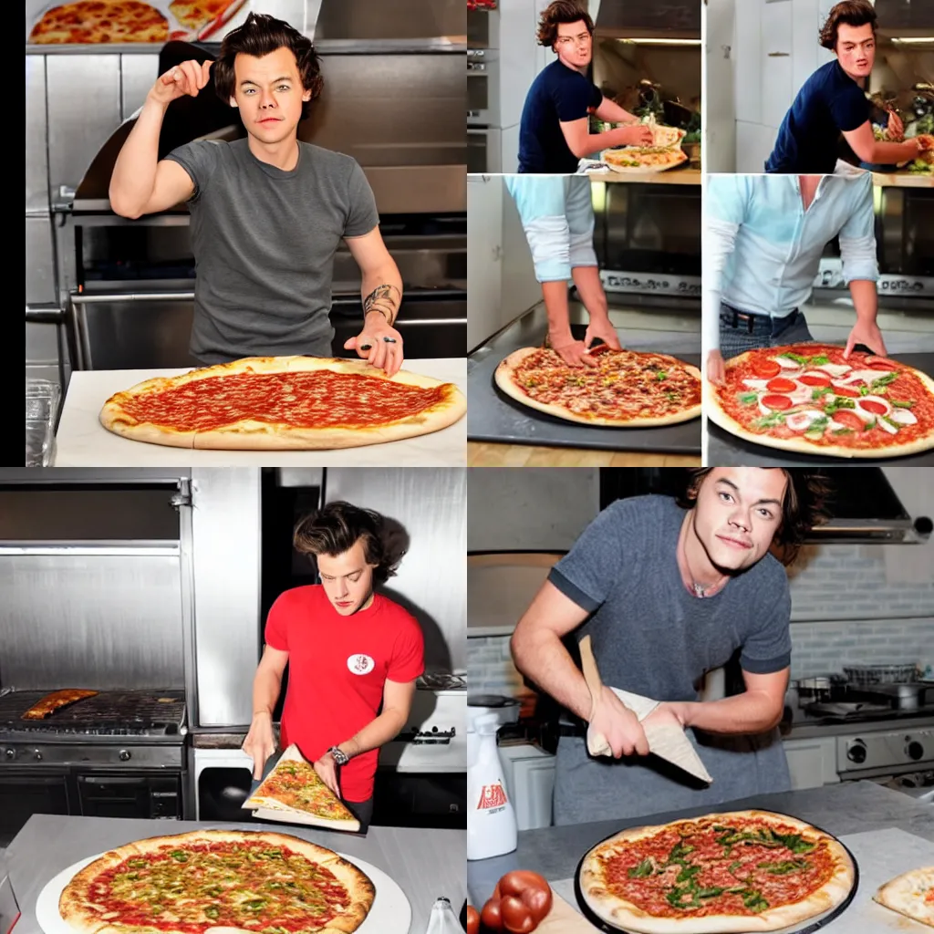 Image similar to a realistic photo of Harry styles making a pizza, ultra realistic