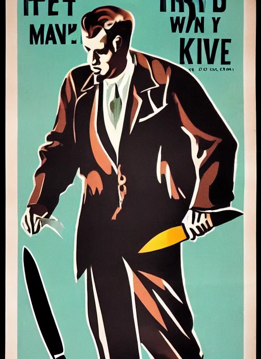 Image similar to mystery man with knife 1940s propaganda poster, full hd,highly detailed