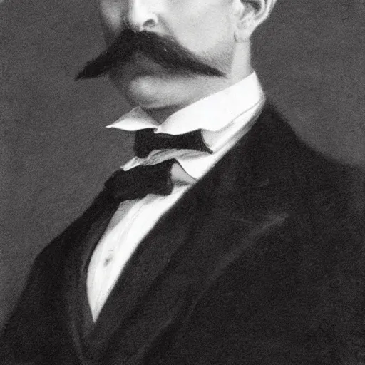 Prompt: gentleman action hero, suit, bow tie, mustache, by alfred stevens in charcoal