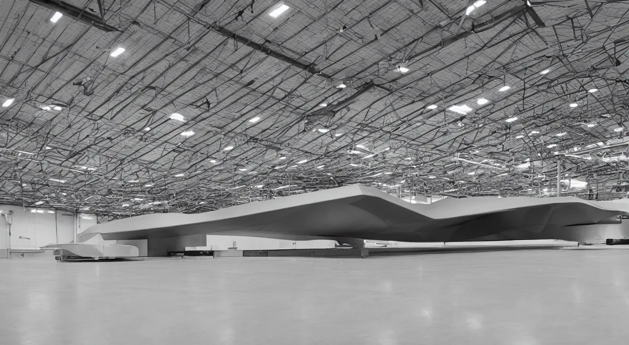 Prompt: a hangar with a hypersonic jet by Gijsbert d'Hondecoeter and József Rippl-Rónai