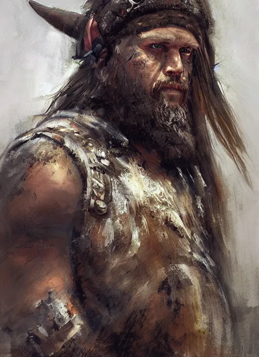 Image similar to portrait painting of viking berserker with a dinosaur headdress, by jeremy mann, only one head single portrait