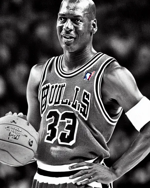 Prompt: photograph of michael jordan in a chicago bulls uniform, in the styles of cameron look, andrew bernstein, and ansel adams. monochrome hdr, intense face, accurate facial details