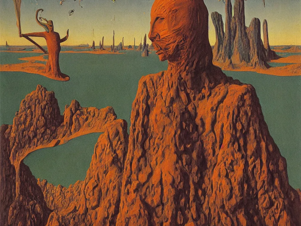 Image similar to Portrait of strange man, african mask, very elongated head, with moth antennae entering the toxic, phosphorescent river flowing from the factory. Apocaliptic skies. The glowing rock in the lithium desert. Painting by Jan van Eyck, Rene Magritte, Jean Delville, Max Ernst, Walton Ford