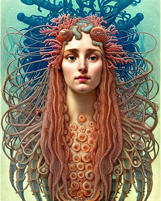 Image similar to hyperrealistic detailed underwater face portrait of the beautiful goddess of the jellyfish with an intricate headgear of corals, sea kelp, sea plants, fish, starfish, jellyfish, art by ernst haeckel, john william godward, android jones, alphonso mucha, gothic - cyberpunk, ornamental, beautiful deep colours,