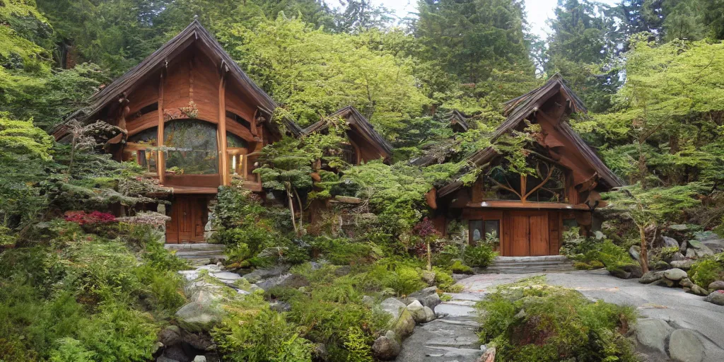 Image similar to residence in the style of rivendell, cascadian