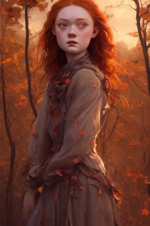 Prompt: sadie sink goddess of the autumn twilight, highly detailed, digital painting, artstation, concept art, smooth, sharp focus, illustration, unreal engine 5, 8 k, art by artgerm and greg rutkowski and edgar maxence