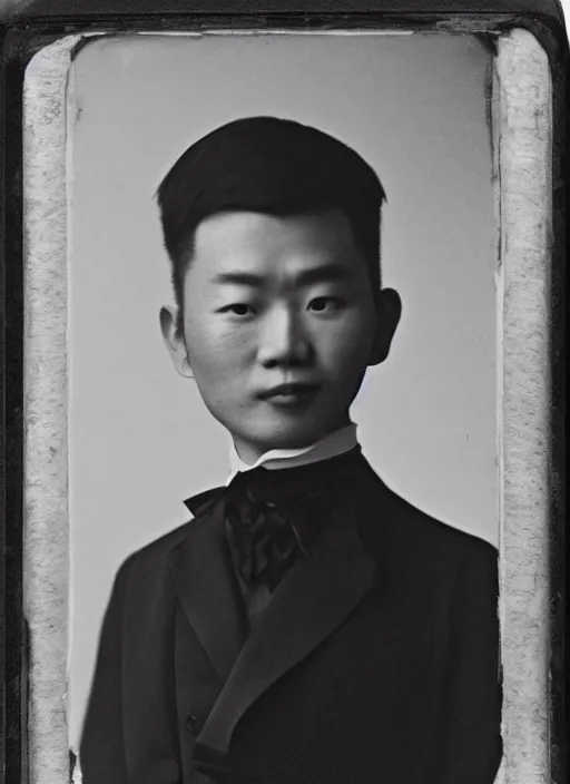 Image similar to a clear black and white photograph of Wu Ningkun, wearing a black suit, front portrait, face brightly lit and highlighted, high contrast, daguerreotype, by Nadar