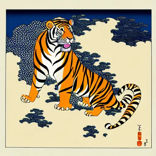 Image similar to A tiger and a lion in the style of Hokusai