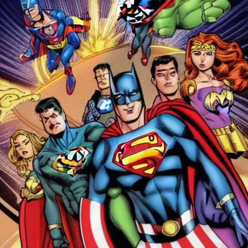 Image similar to the justice league teams up with the avengers, cartoon, highly detailed, 9 0 s, epic, dynamic, ultra hd