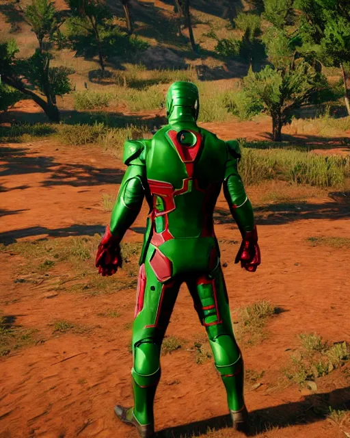 Image similar to green iron man suit in red dead redemption 2, cinematic, photorealistic