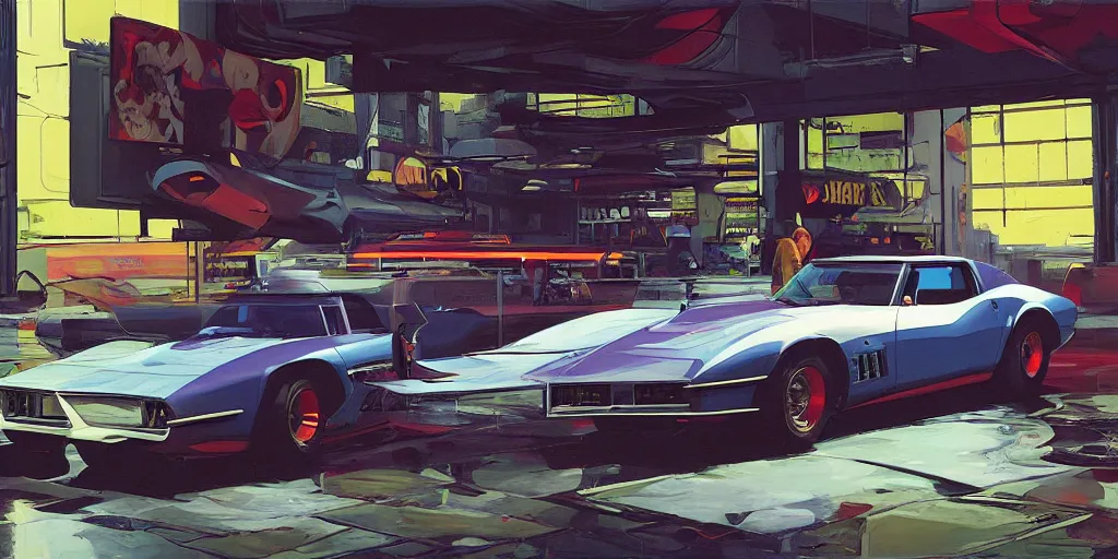 Image similar to art style by Ben Aronson and Edward Hopper and Syd Mead, wide shot view of the Cyberpunk 2077, on ground level. full view of the Corvette 1969 with wide body kit modification.