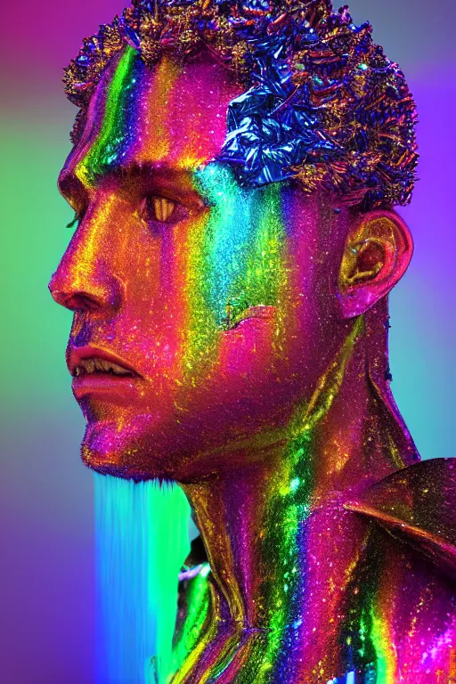 Image similar to hyper detailed ultra sharp portrait of baroque and bladerunner delicate neon sapphire sculpture of seductive onyx prince royce tigers rainbowiridescent humanoid deity wearing metallic hoody made out of leaves holding the sun prismatic dungeon, glowing rainbow face, crown of white diamonds, cinematic lighting, photorealistic, octane render 8 k depth of field 3 d