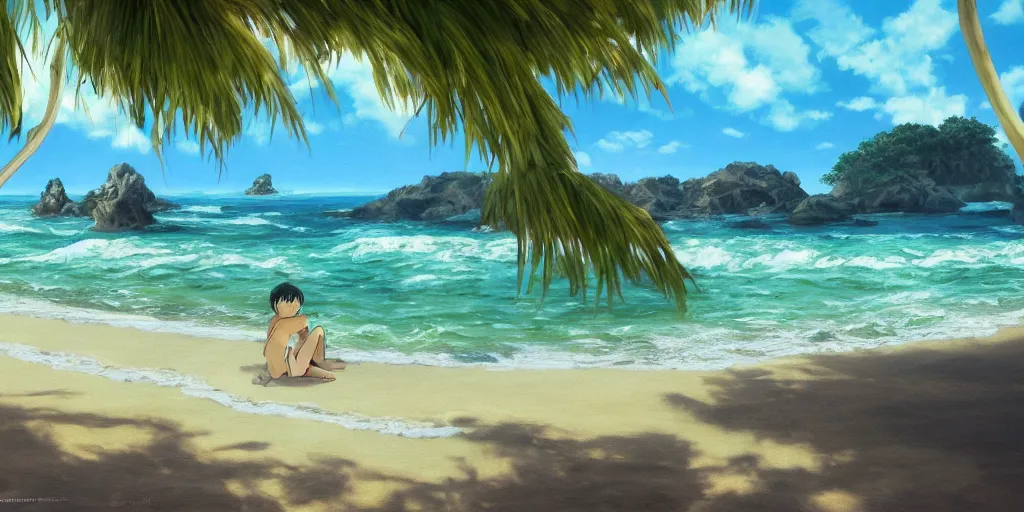 Prompt: a beach, studio Ghibli, cinematic lighting, detailed oil painting, hyperrealistic, 8k