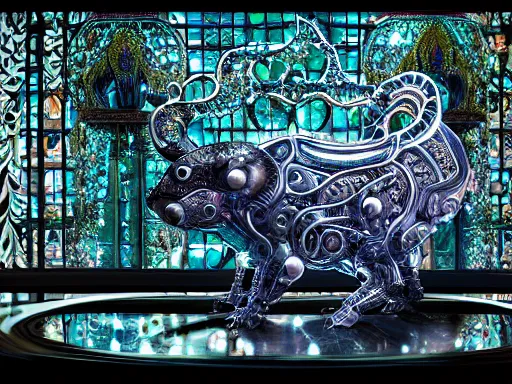 Prompt: highly detailed ornate filigreed convoluted ornamented elaborate cybernetic small rat, full body, chrome, clear glass domes, clear glass panes, glowing lights, fronds, branches, dramatic lighting, product photography, character design