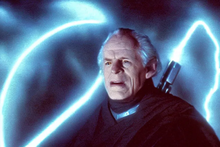 Image similar to (a cinematic still from return of the jedi!!), palpatine force lightning