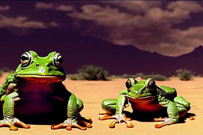 Image similar to a giant frog sitting with mike tyson in the desert, mike tyson with a toad, movie directed by martin scorsese and christopher nolan, masterpiece, 8 h