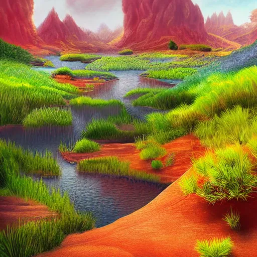 Image similar to beautiful detailed painting of a lush natural scene on a colourful alien planet by vincent bons. ultra sharp high quality digital render. detailed. beautiful landscape. weird vegetation. water. soft colour scheme. grainy.