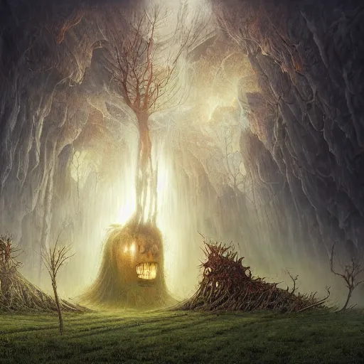 Prompt: scorched horror land by Dariusz Zawadzki, Tomasz Alen Kopera, Andrew Ferez, Remedios Varo, Mariusz Lewandowski, Zdzisław Beksiński, dramatic lighting