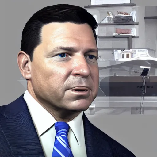 Image similar to ron desantis in a suit, sweating profusely, sweaty philtrum, runny nose, overly greasy face, emitting odor, ocatane render, unreal 5 engine