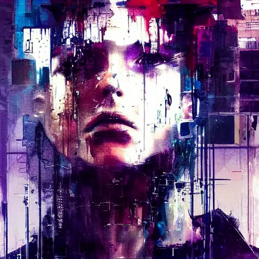 Image similar to portrait of a cyberpunk in a dark future noir city by jeremy mann, francis bacon and agnes cecile, ink drips, paint smears, digital glitches glitchart c - 1 0