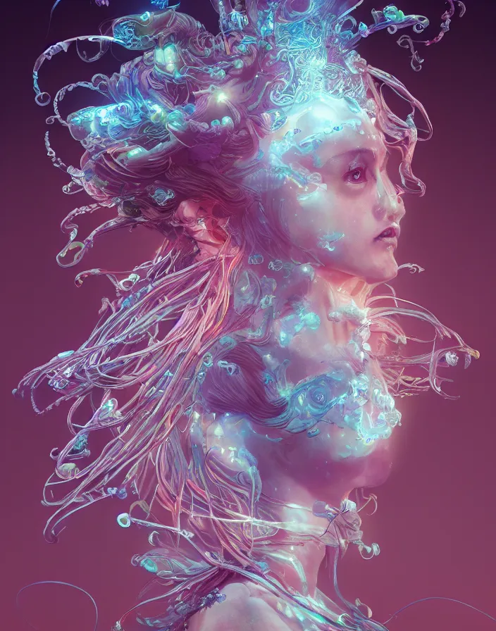 Image similar to goddess portrait. jellyfish orchid phoenix head. intricate artwork by Tooth Wu and wlop and beeple and dan mumford. octane render, trending on artstation, greg rutkowski very coherent symmetrical artwork. cinematic, hyper realism, high detail, octane render, 8k, depth of field, bokeh