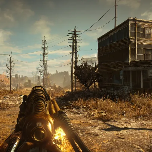 Image similar to screenshot of fallout 5, ultra realistic!!!, golden hour, sharp focus