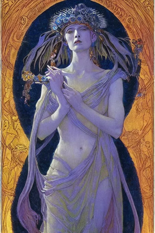 Prompt: goddess of the moonlit dead with her regalia, by Annie Swynnerton and Nicholas Roerich and jean delville, dramatic cinematic lighting , ornate headdress , flowing robes, lost civilizations, extremely detailed