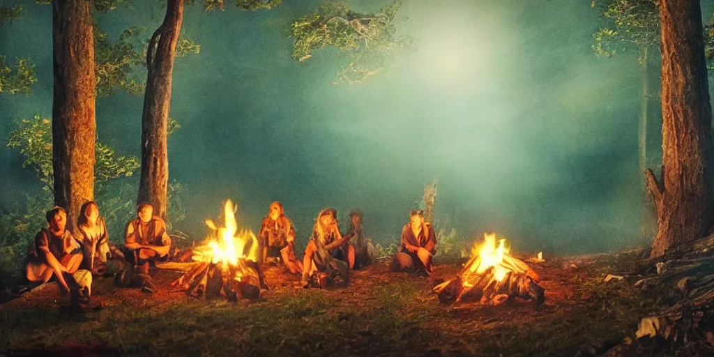 Image similar to A majestic night in the forest. A small group of racoons is sitting next to a campfire. Cinematic, very beautiful, painting in the style of Lord of the rings