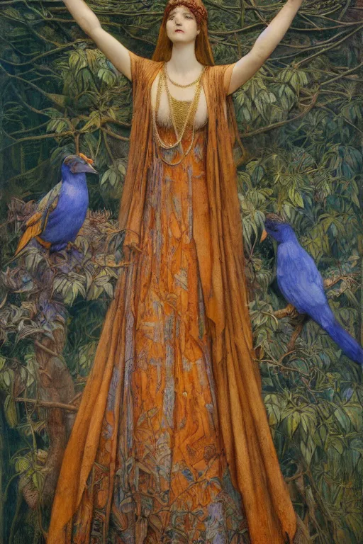 Image similar to the queen of the forest with her birds, by Annie Swynnerton and jean delville and Nicholas Roerich, elaborately costumed, rich color, dramatic cinematic lighting, smooth, sharp focus, extremely detailed, featured on artstation