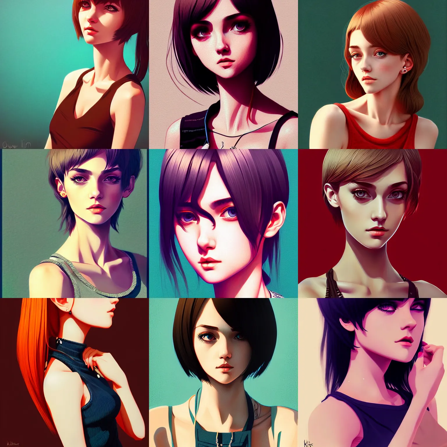 Prompt: beautiful girl wearing a low cut tanktop, highly detailed, intricate, in the style of ilya kuvshinov