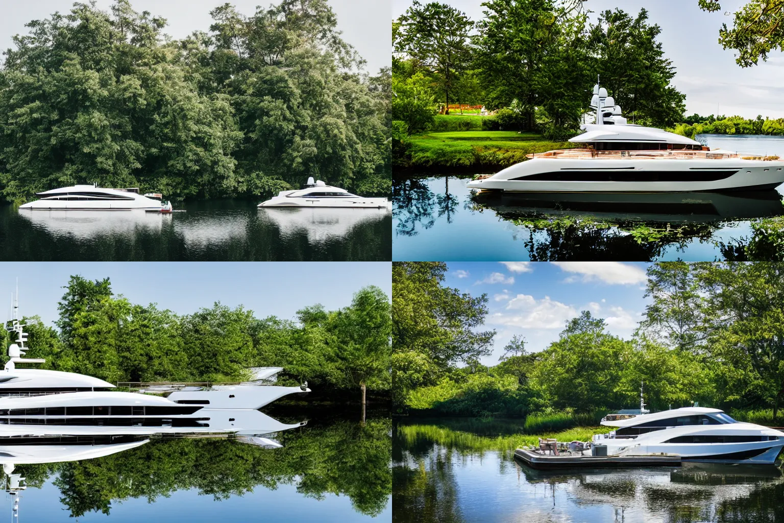 Prompt: photo of an expensive yacht floating in a tiny pond, surrounding trees and grass