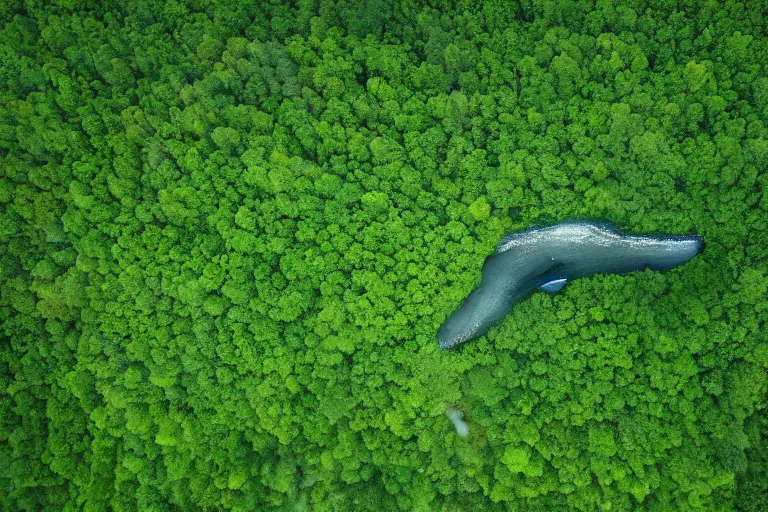 Image similar to a gigantic whale swimming over the green forest, aerial photography by yann arthus bertrand