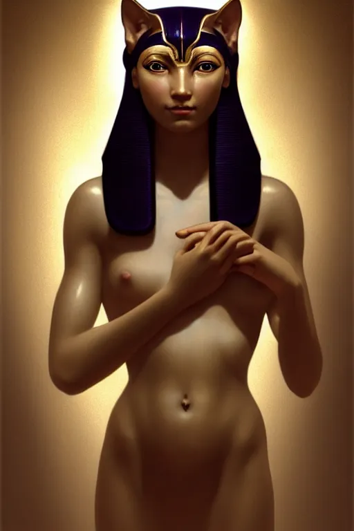 Image similar to soft light portrait of the beautiful egyptian goddess, bastet, bast, woman / cat hybrid, soft torchlight in an egyptian tomb, digital art by ruan jia and mandy jurgens and artgerm and william - adolphe bouguereau, by jean - leon gerome, highly detailed, trending on artstation, award winning,