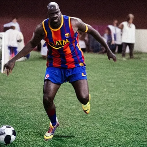 Prompt: Shaquille O'Neal playing soccer with FC Barcelona