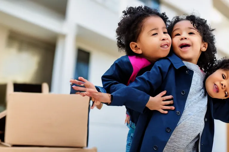 Image similar to two children stacked on top of one another in a trenchcoat buying a los angeles mansion from a real estate agent