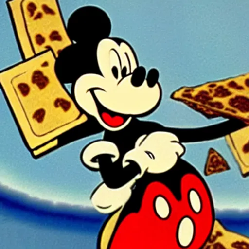 Image similar to film still from 1940s Mickey Mouse Cartoon. Mickey Mouse eating matzah.