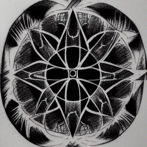 Image similar to a minimalistic thin line tattoo sketch representing interconnection of intellectual and spiritual origins of existence, straight patterns vs organic patterns, high detail