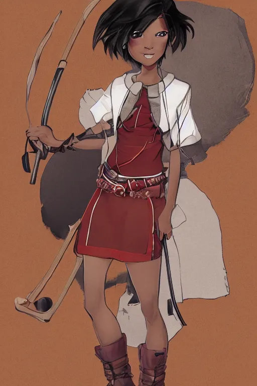 Image similar to young-looking dark-skinned female mage with brown bob-cut hair, wearing white shirt and necklace with grey short-sleeved jacket with red trim, belt, black pants and boots with red lacing, and carrying a wooden staff with floating red crystals. illustrated by Viorie