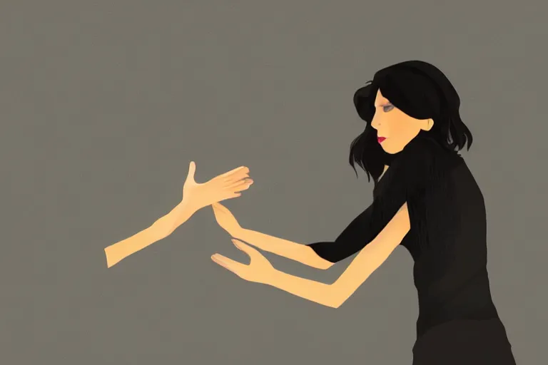 Prompt: concept art, dark haired woman, holding her hand out to say stop, digital art, good lighting,