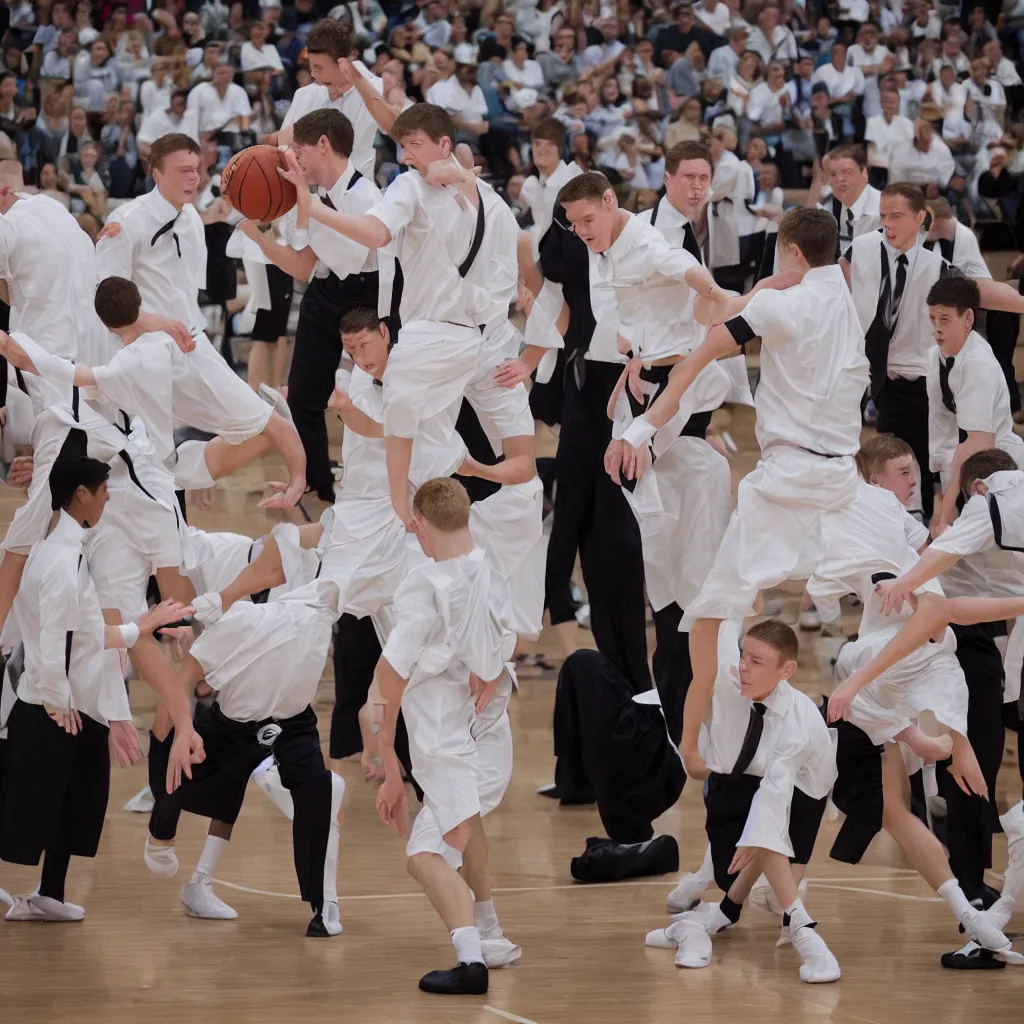 Prompt: three mormon missionaries wearing ties play basketball like it\'s ballet, 25mm f/1.8 Pulitzer-winning photography