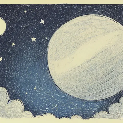 Image similar to night sky, stars, crescent talking moon smiling prominently in the center, surrounded by clouds, landscape, illustrated by peggy fortnum and beatrix potter and sir john tenniel