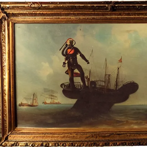 Image similar to 19th century romantic painting of a deep see atmospheric diving suit salvaging a submarine