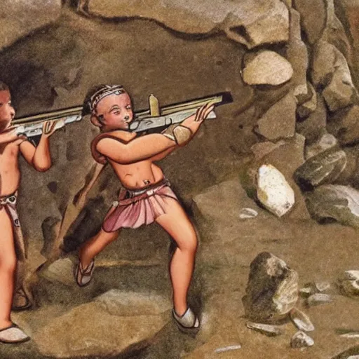 Image similar to schoolbook image of ancient humans discovering guns near a rock.