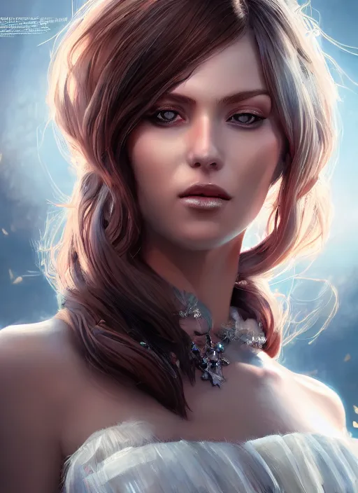 Image similar to beautiful fashion goddness, strapless dress, character portrait in the style of thomas river and artgerm, wlop, cinematic lighting, hyperdetailed, 8 k realistic, symmetrical, global illumination, radiant light, halo, love and mercy, frostbite 3 engine, cryengine, dof, trending on artstation, digital art, chanel