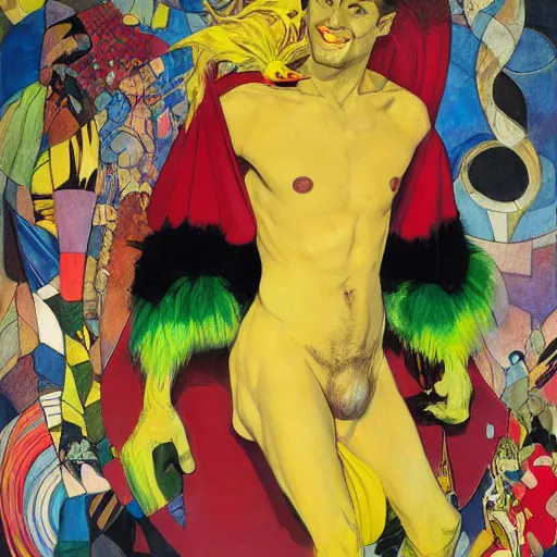 Prompt: art by joshua middleton, the creeper, a tall manically smiling yellow - skinned man with green and black striped trunks and wearing a red feather boa, mucha, kandinsky, poster, comic art, stylised design