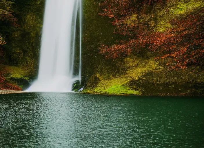 Prompt: waterfall falling into a lake, cliff, trees, photograph, landscape photography, sigma, 5 0 mm