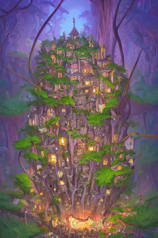 Prompt: a miniature city built into the trunk of a single colossal tree in the forest, with tiny people, in the style of cory loftis, lit windows, close - up, low angle, wide angle, awe - inspiring, highly detailed digital art, isometric